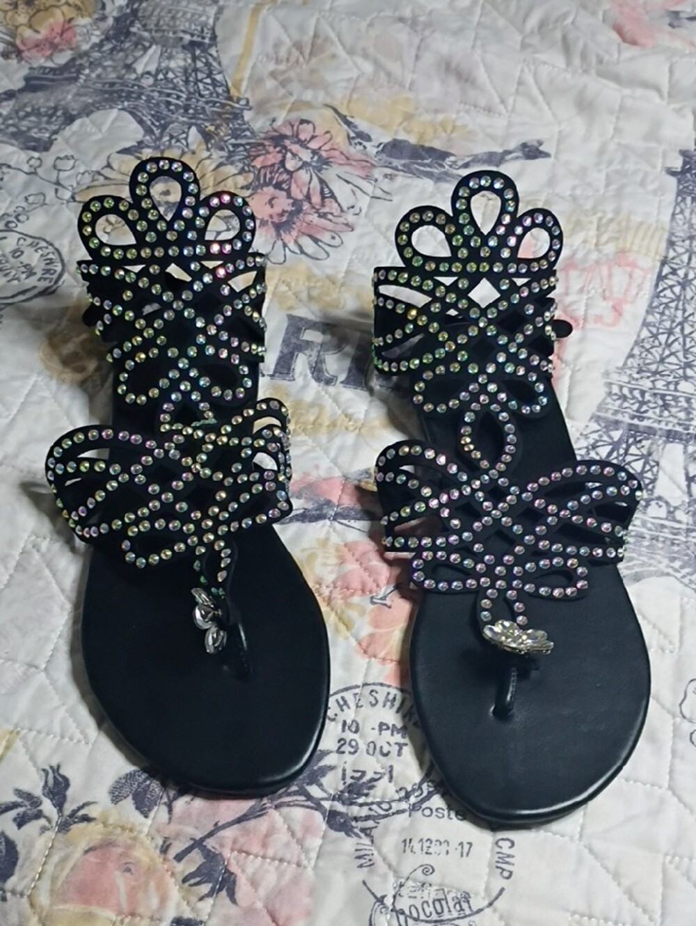 Black Jeweled Women's Thong Sandals